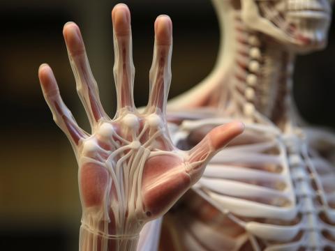 Anatomical model of a human hand and upper torso, showing muscles and bones.