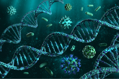 3D rendering of DNA strands interwoven with stylized viruses and bacteria.