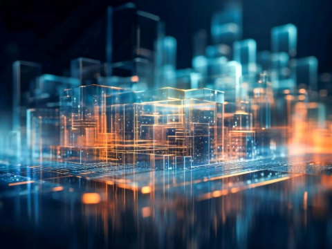 Abstract digital cityscape with blue and orange lights.