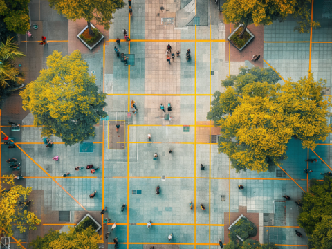Overhead photograph: Plaza with people, green trees, and yellow grid lines on grey ground.