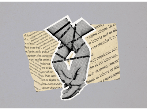 Collage of bound hands on torn paper with text.