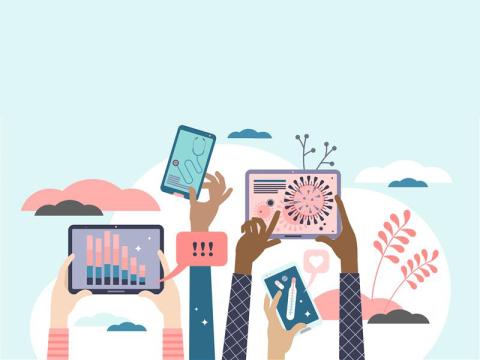 hands of scientists holding up technology visualizing data about viruses and health