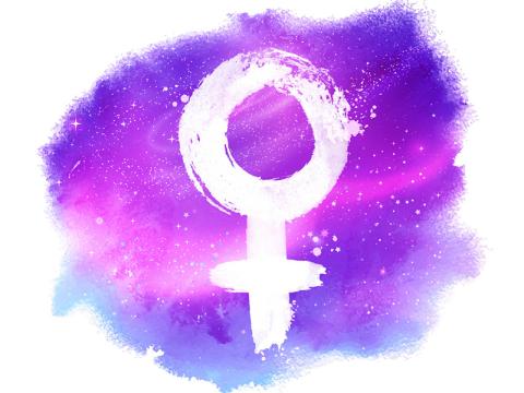 White Venus symbol on a purple and blue galaxy background.