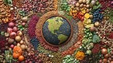 image of world made out of legumes, vegetables, fruits, and other food items.