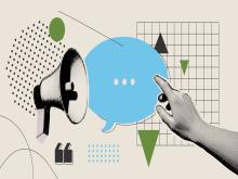 Illustration of a megaphone and speech bubble with a hand pointing to it.